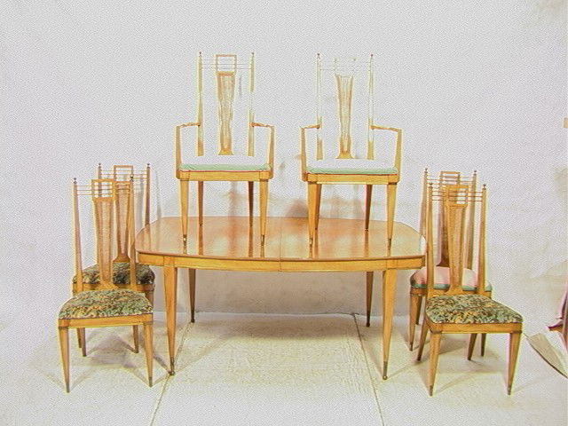 70s Modern decorator Dining Set. Table and 6 chai: 70s Modern decorator Dining Set. Table and 6 chairs. Brass capped legs and brass rods to chair backs.-- Dimensions: --- Condition (General): Repair to 1 arm. Dings to top of table. Stains to upholster