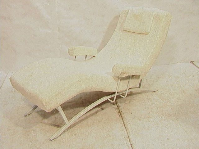 70s Modern Contour Lounge Chair Chaise. Painted S: 70s Modern Contour Lounge Chair Chaise. Painted Steel Frame with Upholstered Wave form seat.-- Dimensions: H: 33 inches: W: 30 inches: D: 60 inches --- Condition (General): Few small stains to fabric.