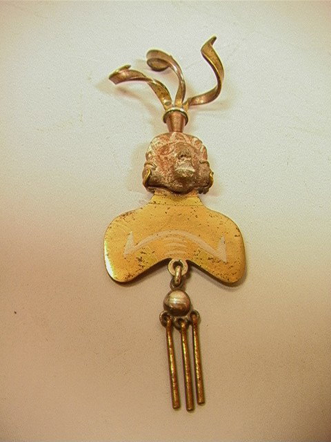 TAXCO Mixed Metal Brooch Pin. Incan Design with t: TAXCO Mixed Metal Brooch Pin. Incan Design with tassle. Marked in Taxco-- Dimensions: : W: 2 inches: L: 5 inches --- Condition (General): Some spotting to metal. Please contact us with specific questi
