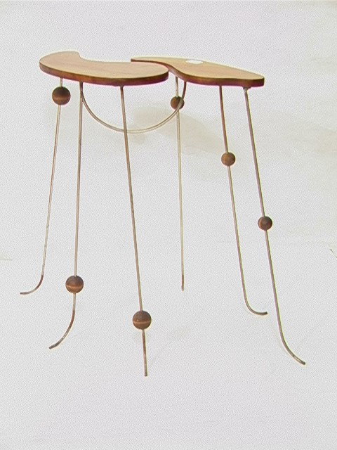 Sudio Made Decorative Tall Table. Solid twood top: Sudio Made Decorative Tall Table. Solid twood tops on hairpin legs with wood balls.-- Dimensions: H: 30 inches: W: 28 inches: D: 13 inches --- Condition (General): A little dicoloration to the metal. 