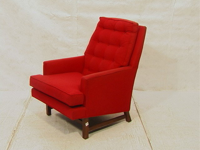 Jen Risom style Lounge Chair with Red Upholstery : Jen Risom style Lounge Chair with Red Upholstery on walnut frame. Tall back.-- Dimensions: H: 36 inches: W: 29 inches: D: 31 inches --- Condition (General): Very Good Condition. A little wear to arms.