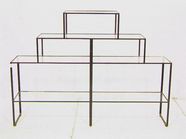 Weinberg Style Etagere shelf with inset glass on : Weinberg Style Etagere shelf with inset glass on black iron frame-- Dimensions: H: 43.5 inches: W: 61 inches: D: 12.5 inches --- Condition (General): Rust and wear to paint. Please contact us with spe