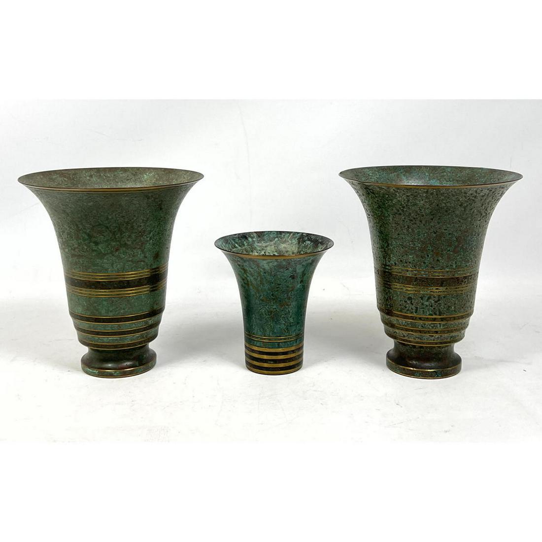 3pc CARL SORENSEN Bronze Trumpet Vases. One Matched Pai (1 of 11)