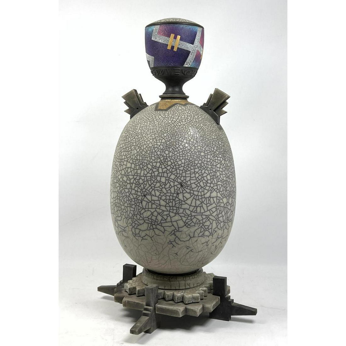 R FERIS Eggshell Crackle Glaze Pottery Vessel. Hand Cra (1 of 16)