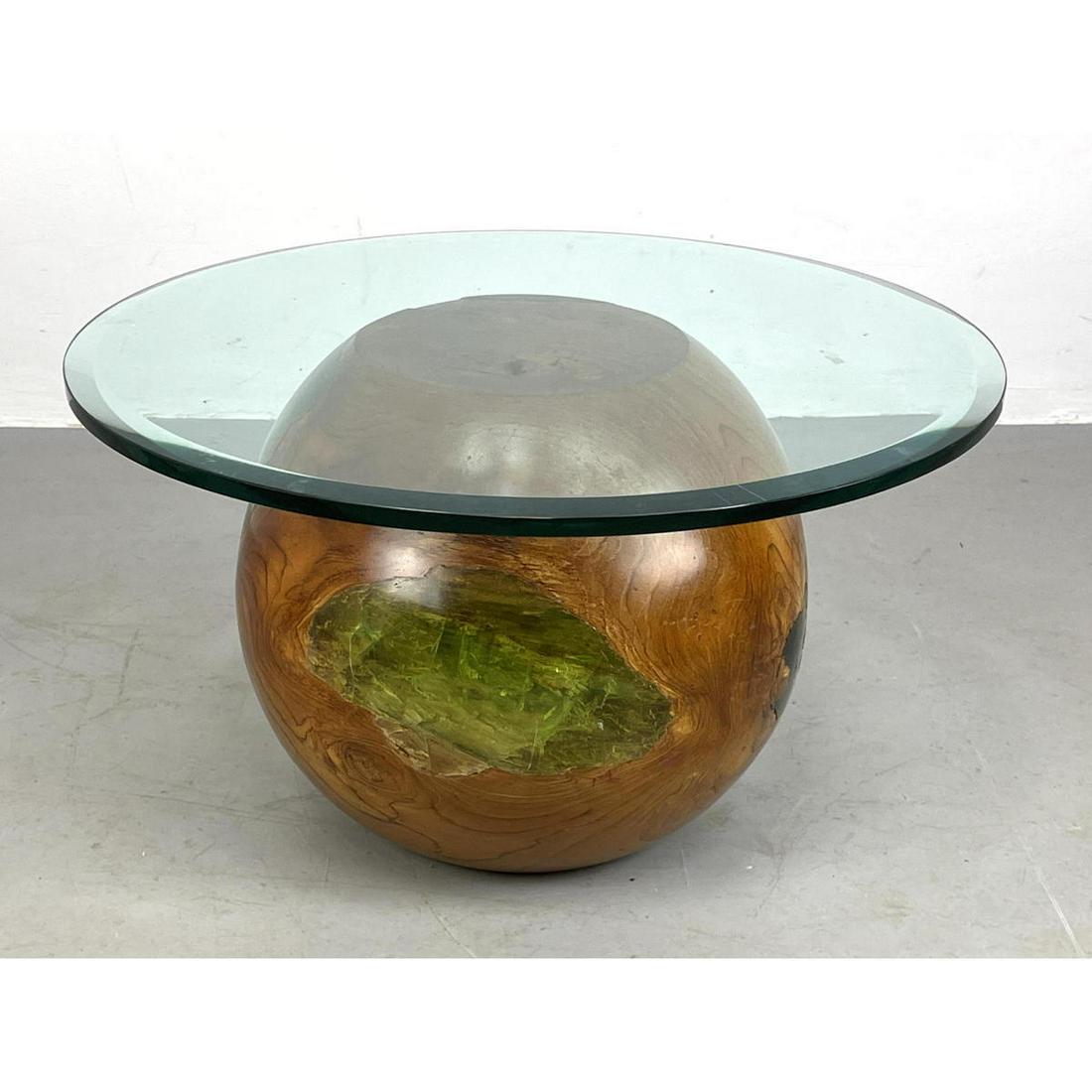 Contemporary Wood Sphere Cocktail Table. Round glass to (1 of 15)