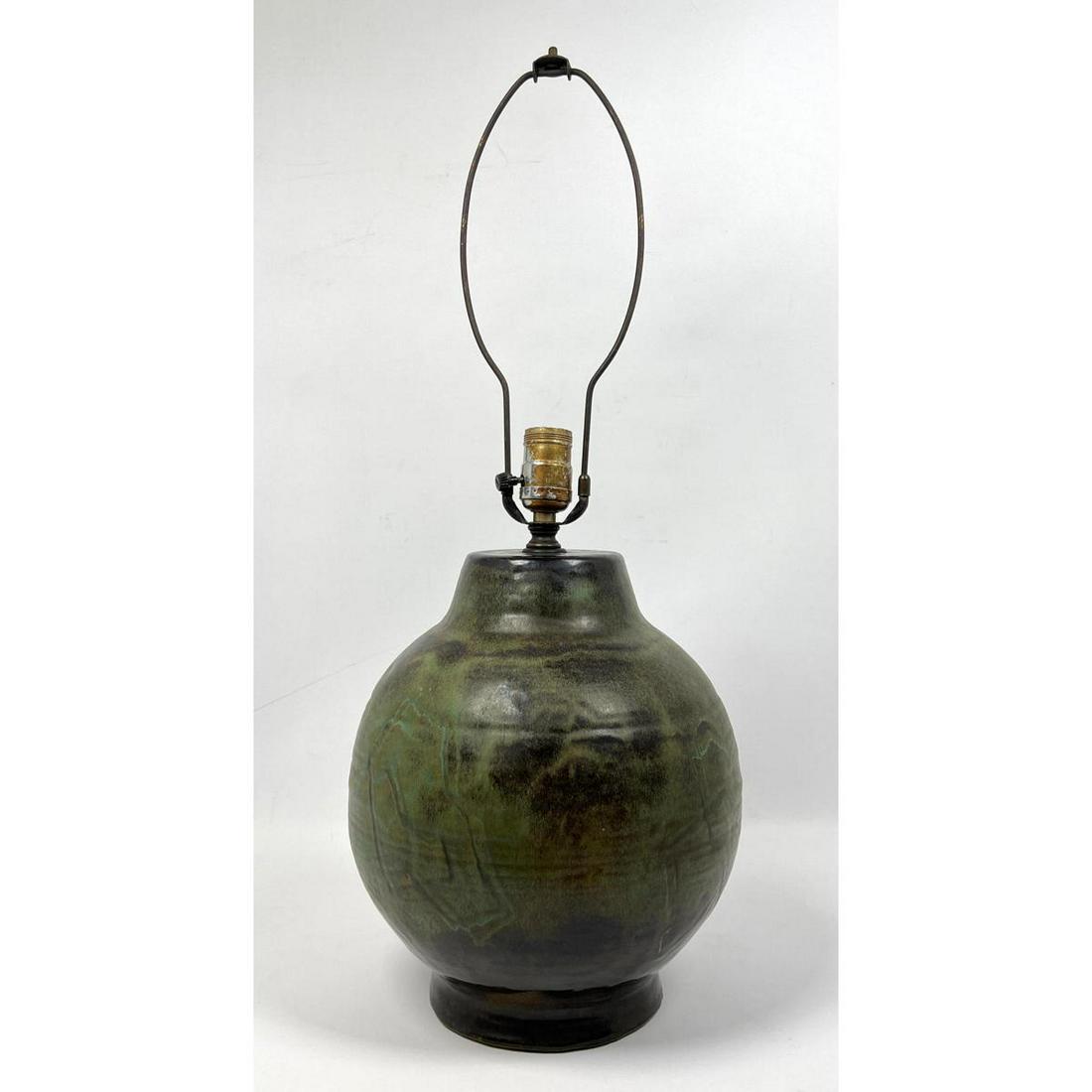 MCM Glazed Pottery Table Lamp. Warm green and brown gla (1 of 11)