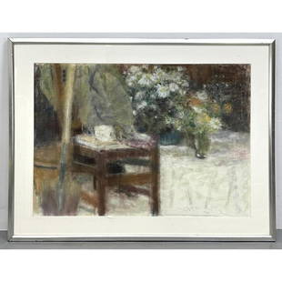 DAVID FERTIG 82 "From A Garden"  Painting. Signed David: DAVID FERTIG 82 "From A Garden" Painting. Signed David Fertig 82 signed on the back as well Dimensions: H: 22.5 inches: W: 32.25 inches: Frame Height: 39.5 inches: Frame Width: 30 inches ---