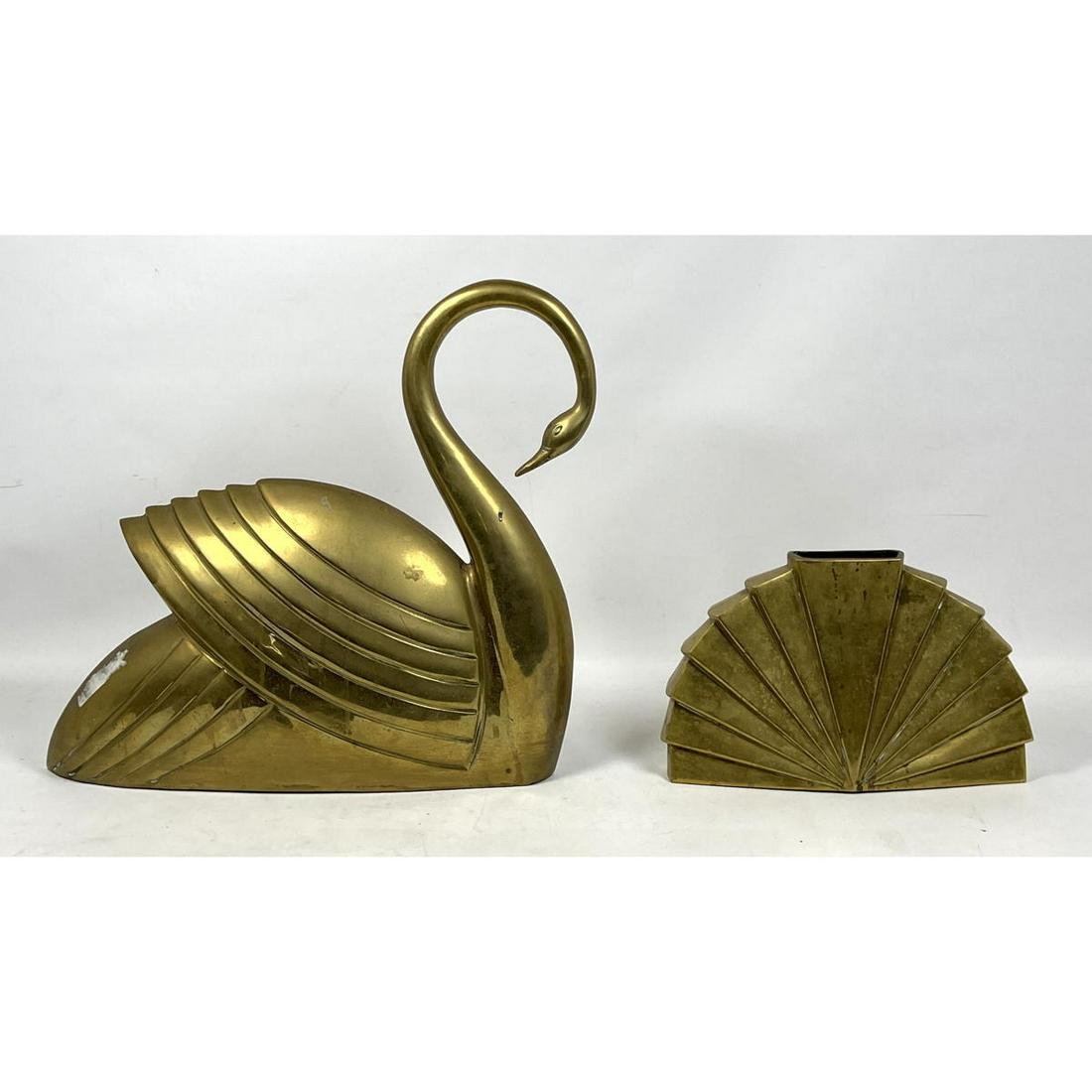 2pcs Brass.  Swan form Figure and Ribbed Vase. (1 of 13)