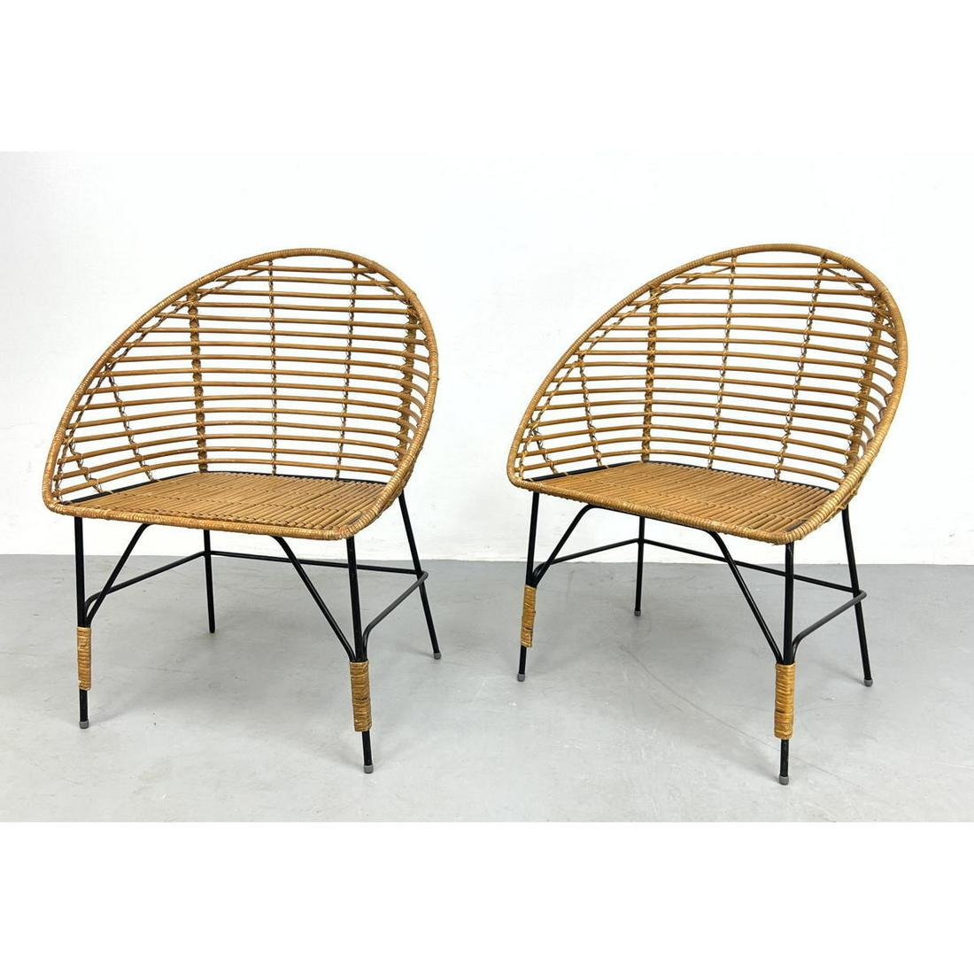 Pr Woven Rattan Barrel Back Lounge Chairs. Black Iron F (1 of 9)
