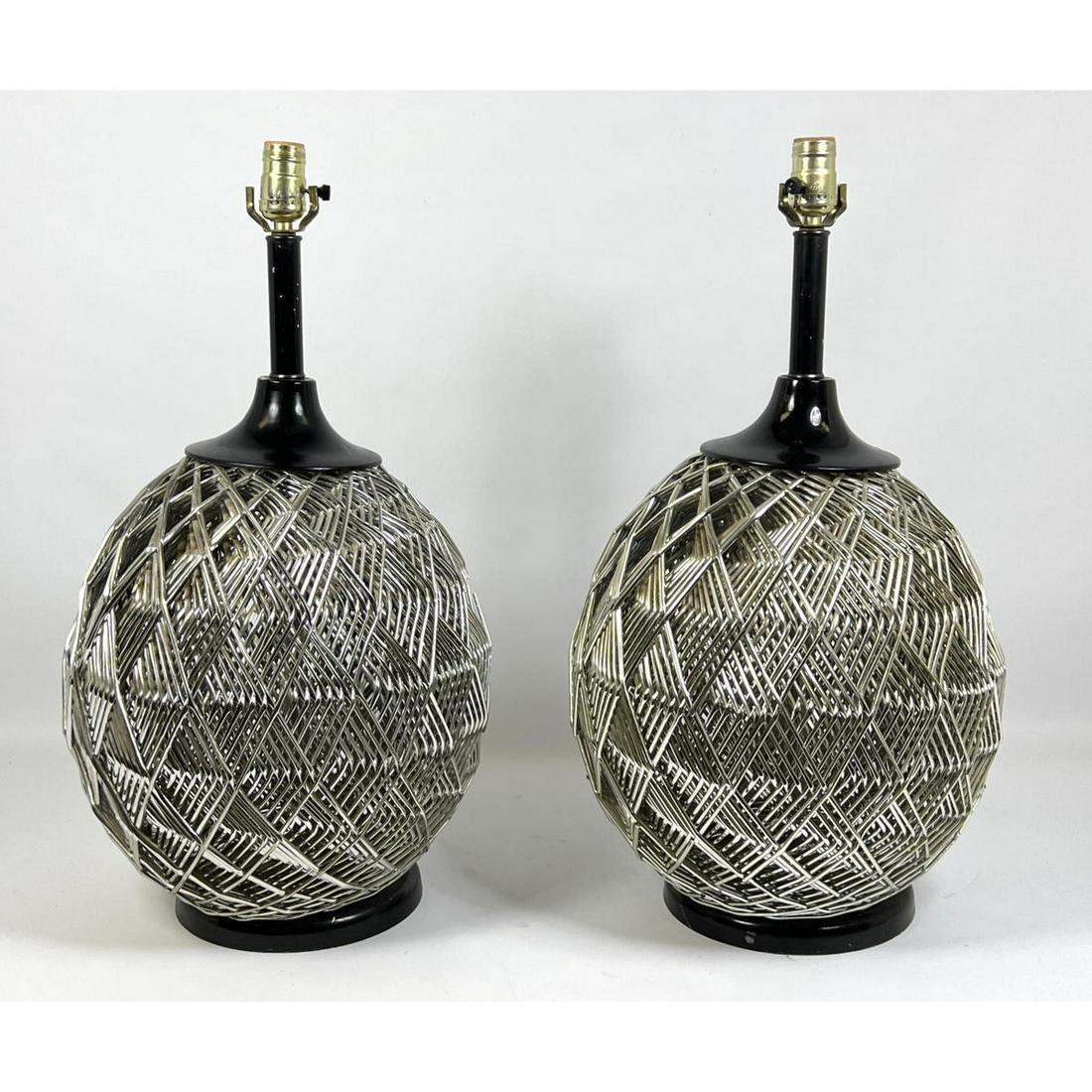 Pr Vintage Chromed Rattan Lamps. Intricate Woven Silver (1 of 10)