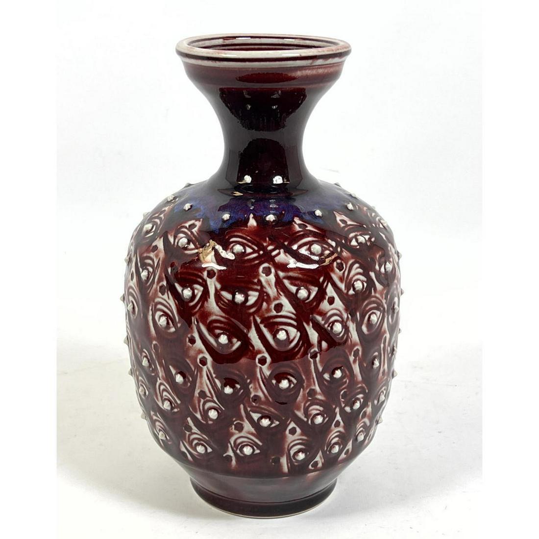 TOM TURNER Ox Blood Glaze Relief Carved Pottery Vase. A (1 of 7)