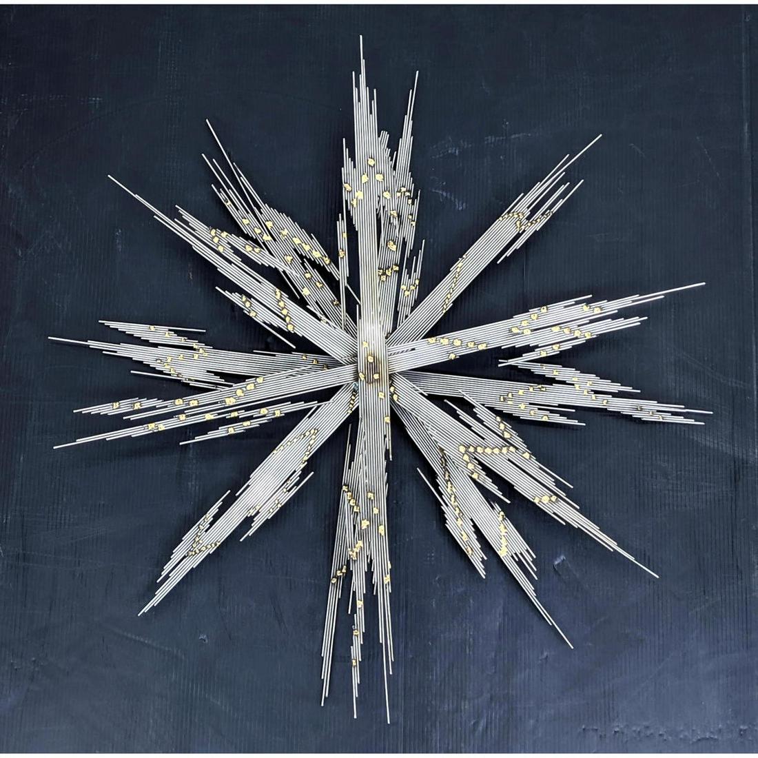 Artist Initialed Brutalist Wall Sculpture. Lightening b: Artist Initialed Brutalist Wall Sculpture. Lightening bolt. Mixed metals. Dimensions: H: 36.5 inches: W: 36.5 inches: D: 4 inches ---