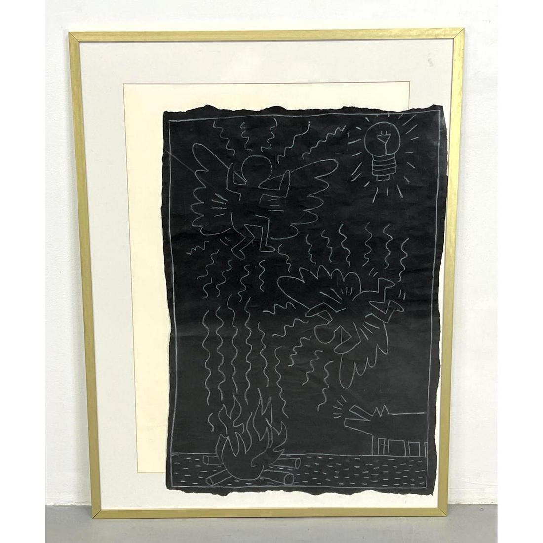 After Keith Haring Chalk Drawing on Black Paper.: After Keith Haring Chalk Drawing on Black Paper. Dimensions: H: 38 inches: W: 26.5 inches: Frame Height: 48 inches: Frame Width: 35.5 inches ---