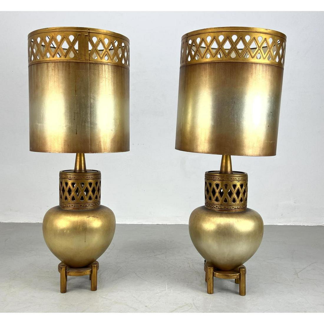 Pr Gilt Urn form Table Lamps. James Mont Style. Pierced (1 of 15)