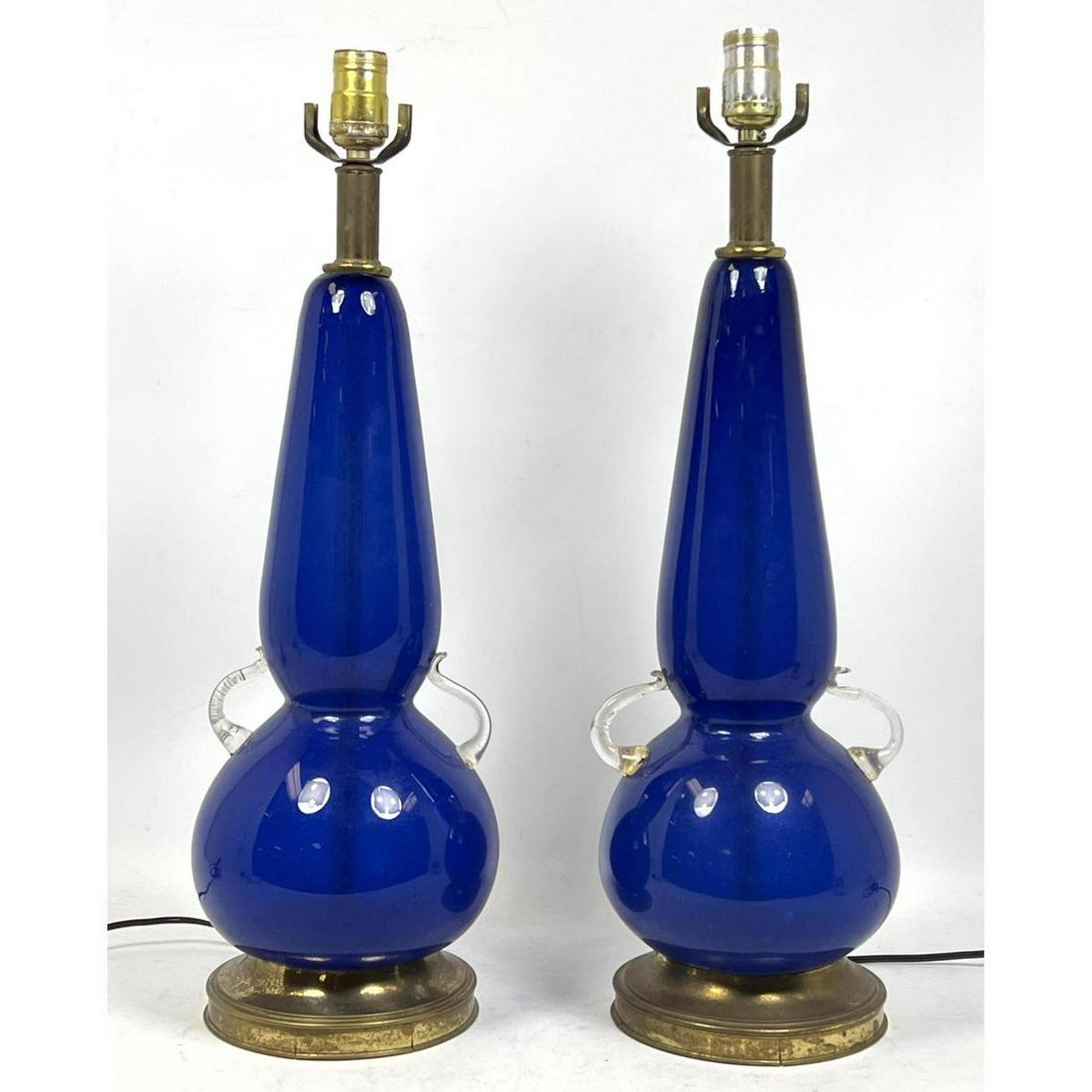 Pr Cobalt Blue Glass Table Lamps. Clear handles. (1 of 9)