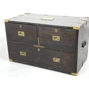 Vintage Wood Three Drawer Campaign Chest Dresser. Metal: Vintage Wood Three Drawer Campaign Chest Dresser. Metal trim, pulls and handles. Brass plaque: John McLean C.E.R.A. Dimensions: H: 23 inches: W: 37.5 inches: D: 21 inches ---