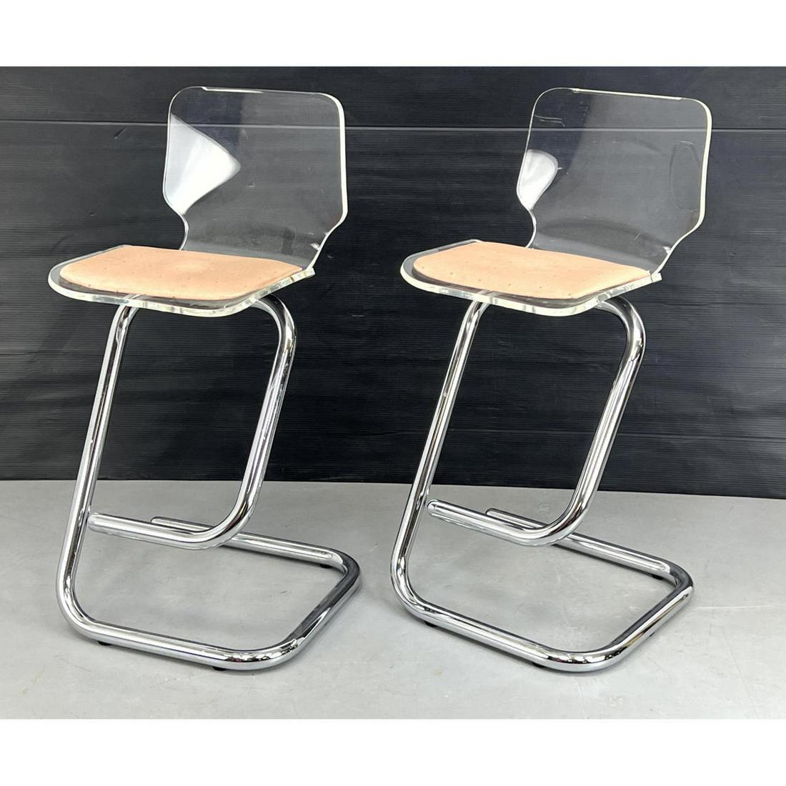 Pr Thick Lucite Seat Chrome Tube Base Bar Stools. (1 of 11)