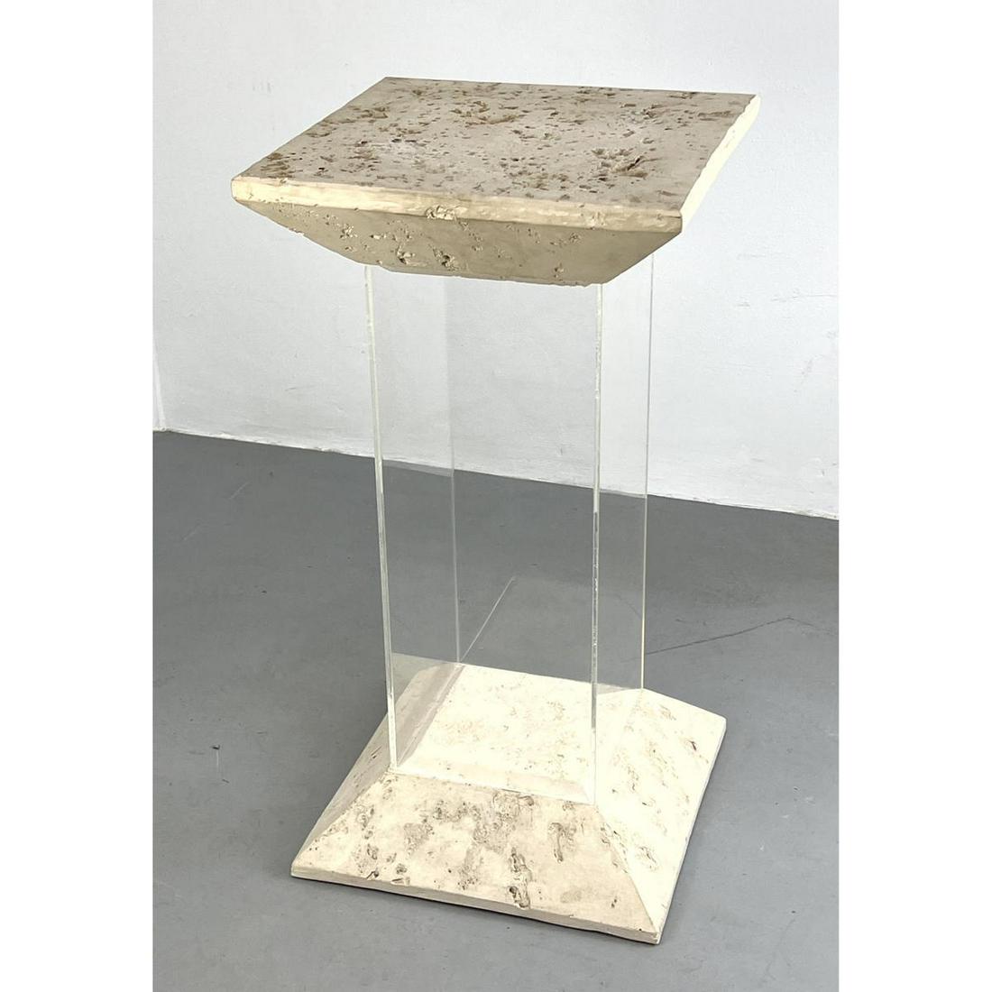 Faux Travertine and Lucite Pedestal stand. Hollow body.: Faux Travertine and Lucite Pedestal stand. Hollow body. Dimensions: H: 32 inches: W: 17 inches: D: 17 inches ---