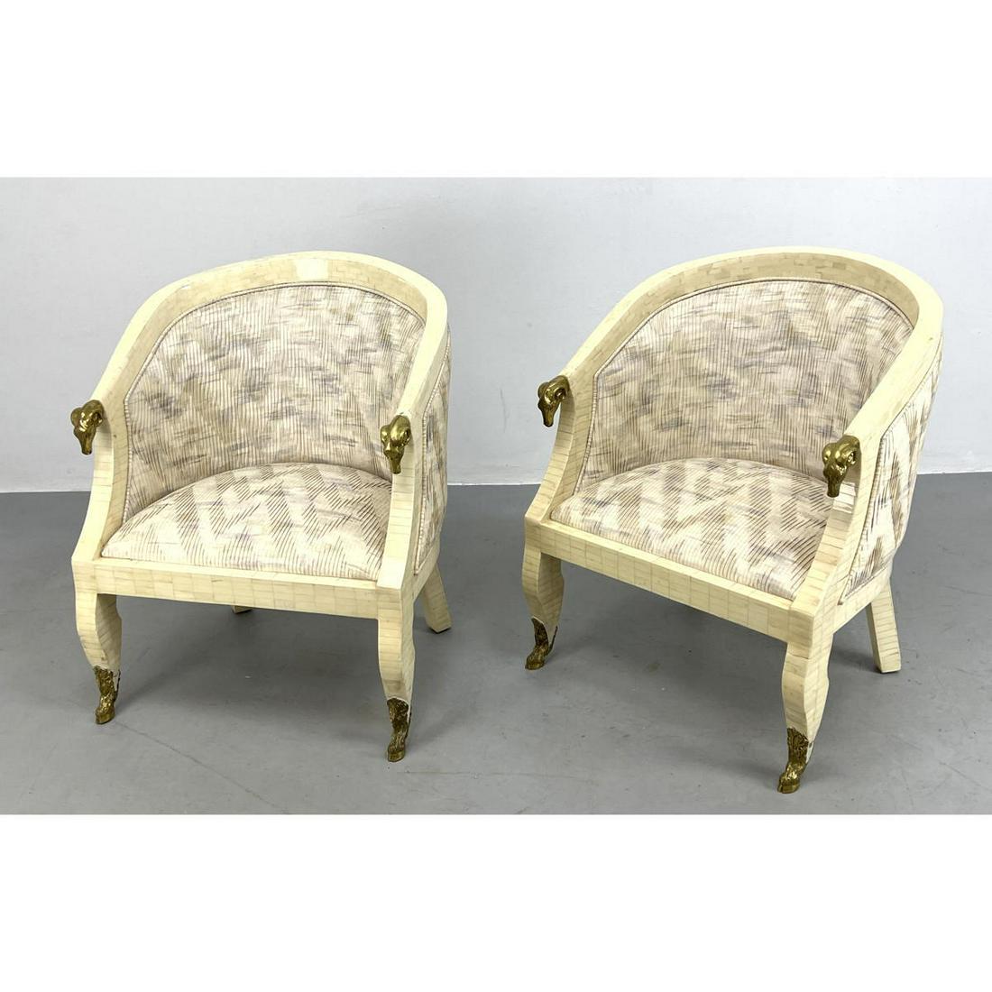 Pr ENRIQUE GARCEL Tesserae Lounge Chairs. Brass Ram Hea: Pr ENRIQUE GARCEL Tesserae Lounge Chairs. Brass Ram Heads and Detailed hoof feet. Pleat textured fabric. Dimensions: H: 32 inches: W: 26 inches: D: 23 inches - Seat Height: 16 inches ---
