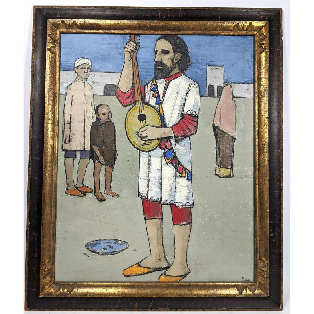 Signed Painting Busker Playing Sitar. Oil pastel on can: Signed Painting Busker Playing Sitar. Oil pastel on canvas. Signed illegibly bottom right. Dimensions: H: 29.5 inches: W: 23.5 inches - Seat Height: 200205 inches ---