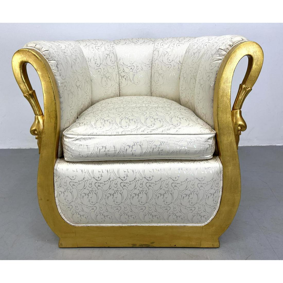 Gilt Painted Swan Neck Arm Lounge Chair. Rounded barrel: Gilt Painted Swan Neck Arm Lounge Chair. Rounded barrel back with channel tufted upholstery. Dimensions: H: 36 inches: W: 34.5 inches: D: 26 inches - Seat Height: 24 inches ---