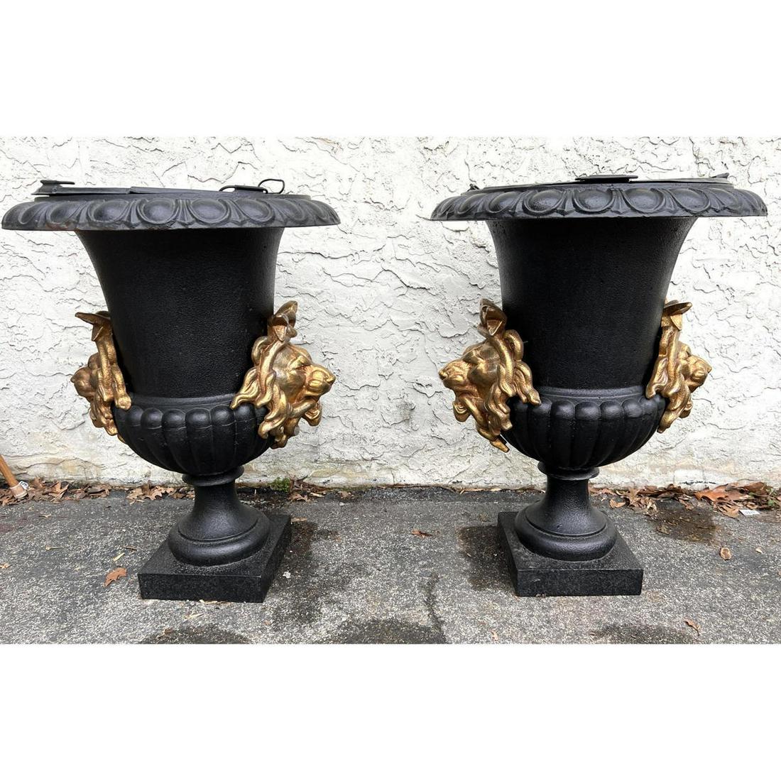 Pair Large Heavy Iron Urn Planters with Applied Iron Li (1 of 9)