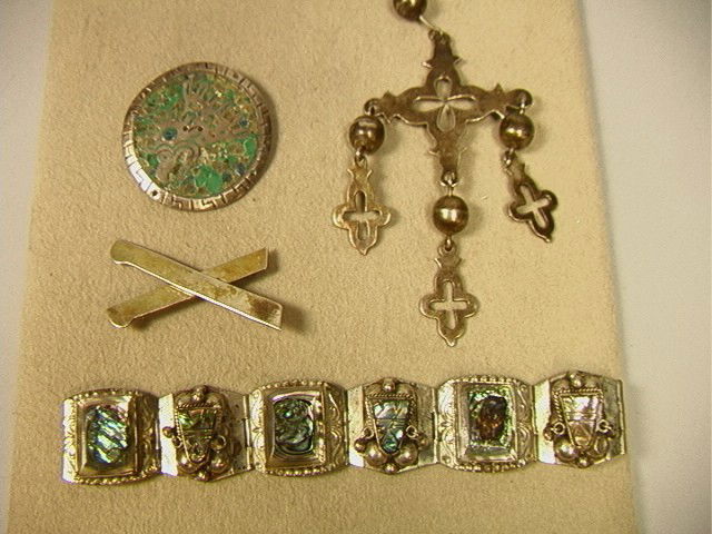 4 pcs MEXICAN STERLING Lot. Abalone Bracelet, Inl: 4 pcs MEXICAN STERLING Lot. Abalone Bracelet, Inlaid Pin/Pendant, Sterling Cross Pendant on Cord, X Pin. All marked Sterling.-- Dimensions: --- Weight: 3.85 Troy ozs. ---- --- US Shipping charge: $7