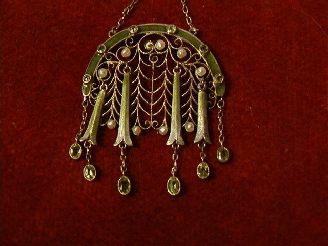 THEODOR FAHRNER Enamel Seed Pearl Sterling Neckla: THEODOR FAHRNER Enamel Seed Pearl Sterling Necklace. Fine Edwardian style Pendant on delicate chain. Pendant is 1.5"H x 2"W. Marked.-- Dimensions: --- US Shipping charge: $7