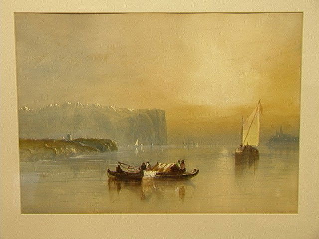 Thomas Moran Watercolor Painting of Boats on wate: Thomas Moran Watercolor Painting of Boats on water with cliffs in background. Very nicely executed. Thomas Moran (). Framed under glass.-- Dimensions: Image Size: H: 11 inches: W: 13 inches --- US Shi