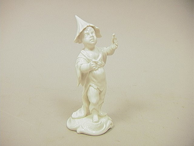 French MEISSEN Style Figure of Asian Boy with Bir: French MEISSEN Style Figure of Asian Boy with Bird. Rooster Mark and Incised Numbers. -- Dimensions: H: 5.75 inches: W: 2.5 inches: D: 2.5 inches --- Condition (General): Excellent condition. Please c