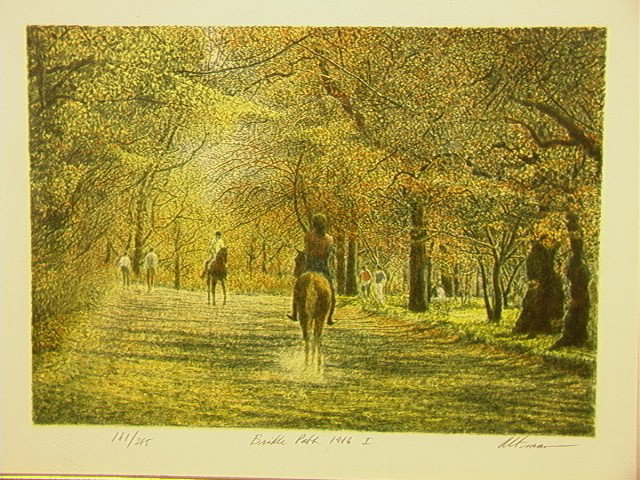 HAROLD ALTMAN Lithograph Bridle Path I. 181/285.: HAROLD ALTMAN Lithograph Bridle Path I. 181/285. Pencil Signed. -- Dimensions: Image Size: H: 9 inches: W: 13 inches --- Condition (General): Framed under Glass. Excellent condition. Please contact us