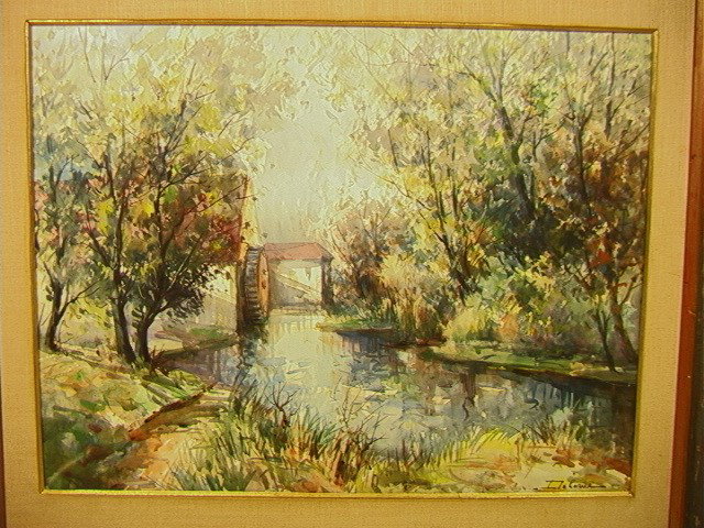 DeLARUE Watercolor on Paper of Mill Stream. Signe: DeLARUE Watercolor on Paper of Mill Stream. Signed.-- Dimensions: Image Size: H: 18.5 inches: W: 25 inches --- Condition (General): Framed under Glass. Excellent condition. Please contact us with spec