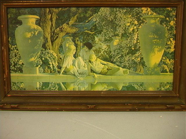 MAXFIELD PARRISH. Volchrome Print. "The Garden of: MAXFIELD PARRISH. Volchrome Print. "The Garden of Allah". Period Frame. Label on Back.-- Dimensions: Image Size: H: 9 inches: W: 18 inches --- Condition (General): Framed under Glass. Very Good Condit