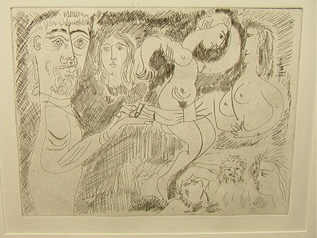 Picasso style Early 20th Century Engraving. Nude: Picasso style Early 20th Century Engraving. Nude Figures and Faces. Unknown Artist. Unsigned. -- Dimensions: H: 11 inches: W: 14.5 inches --- Condition (General): Framed under Plexiglas. Excellent con