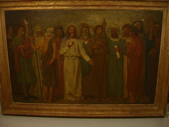 JOHN R. CONNER Oil Painting CHRIST & DISCIPLES. L: JOHN R. CONNER Oil Painting CHRIST & DISCIPLES. Large Oil Painting on Canvas. Woodmere Art Gallery Label on reverse. Label states WALTER E. BAUM owned this painting. -- Dimensions: Image Size: H: 25 i