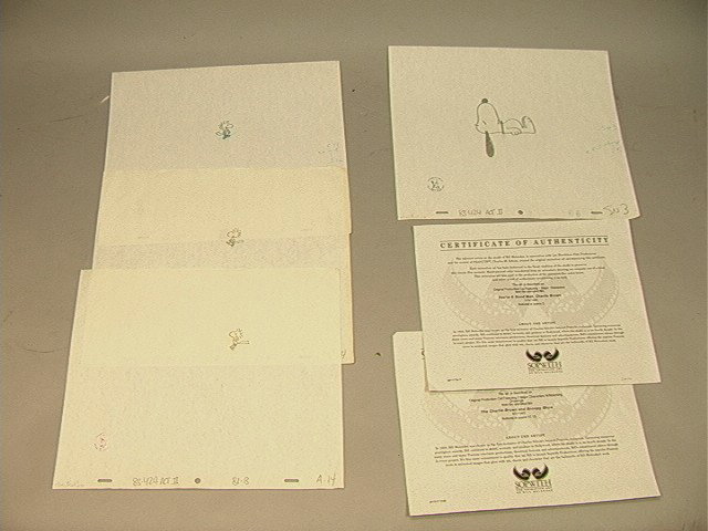 4 BILL MELENDEZ Original Production Cel from anim: 4 BILL MELENDEZ Original Production Cel from animated film "You're a Good Man, Charlie Brown. One SNOOPY Drawing. Three WOODSTOCK Drawings. With 2 Certificates (COA). . All stamped with Authentic Film