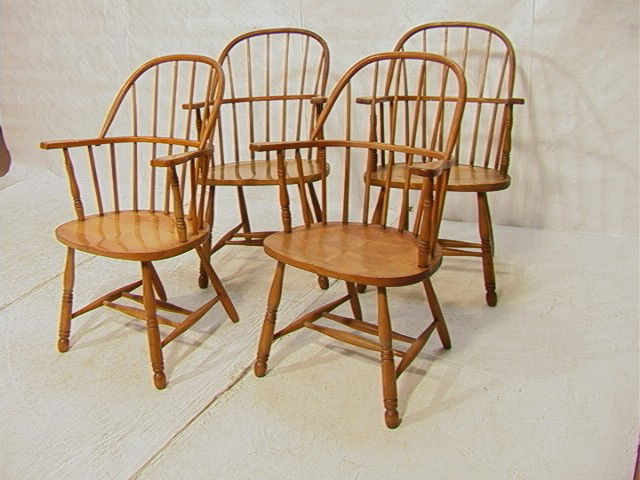 Set of Four Antique Windsor Chiairs with Bow Back: Set of Four Antique Windsor Chiairs with Bow Backs.-- Dimensions: H: 37 inches: W: 24 inches: D: 18 inches --- Condition (General): Dings and scratches to seats. Please contact us with specific questi