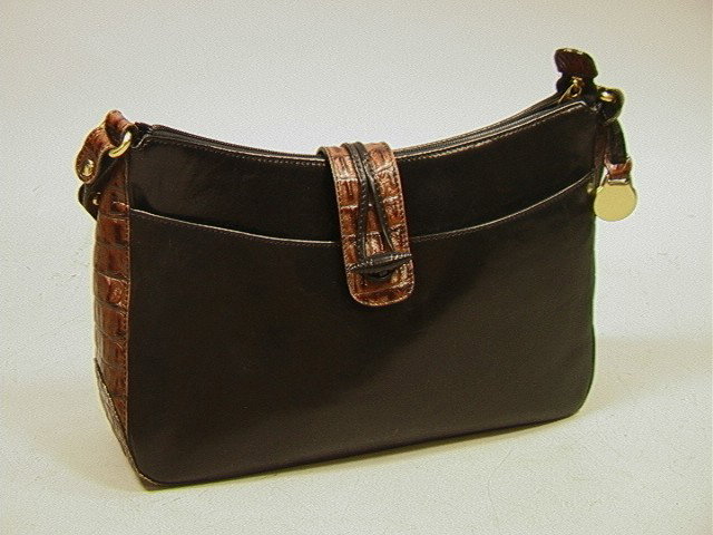 BRAHMIN Black leather and Brown Faux Alligator Pu: BRAHMIN Black leather and Brown Faux Alligator Purse Handbag. Adjustable strap.-- Dimensions: H: 8 inches: W: 11 inches: D: 3 inches --- Condition (General): Appears New. No condition issues. Please c