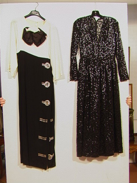 2 Vintage Formal Dresses Evening Gowns. CHLOE Lon: 2 Vintage Formal Dresses Evening Gowns. CHLOE Long Deco Inspired Black & White Evening Gown. Cream L/S Top with Large Black Bow. Black skirt with Large Rhinestone Button Accents. No size tags. Unmarke