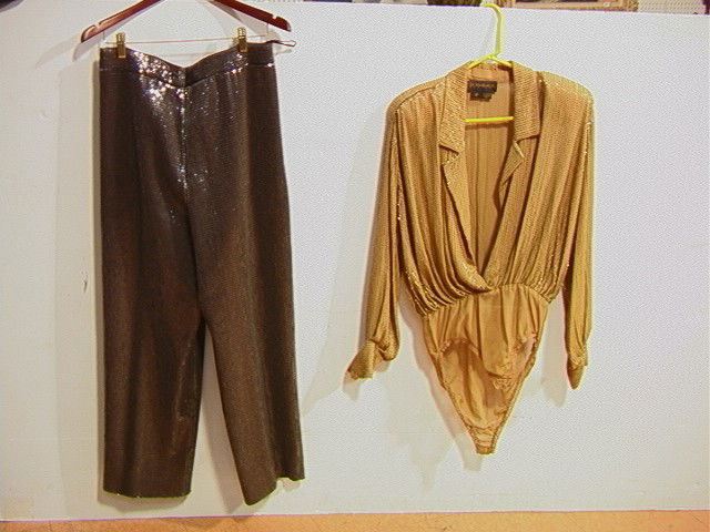 DONNA KARAN 1970's Bugle Bead Body Suit. Size: P.: DONNA KARAN 1970's Bugle Bead Body Suit. Size: P. ANNE KLEIN Black Dress Pants with clear sequins. Size 10. -- Dimensions: --- Condition (General): Very Good Condition. Pants missing some sequins at t