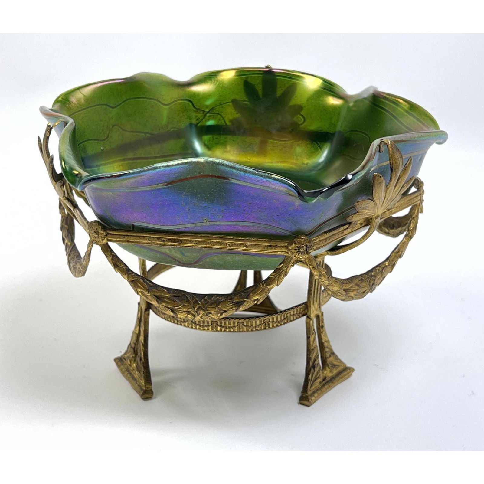 Loetz style Art Glass Bowl in Gilt Bronze Stand. Green (1 of 12)