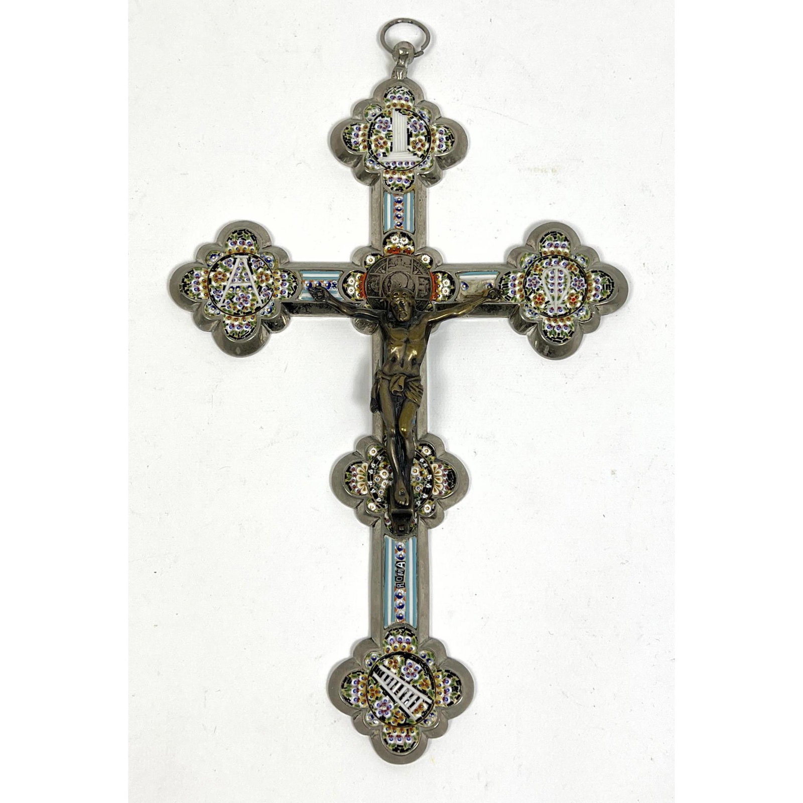 Italian Micro Mosaic Crucifix Cross. Metal Frame. (1 of 8)