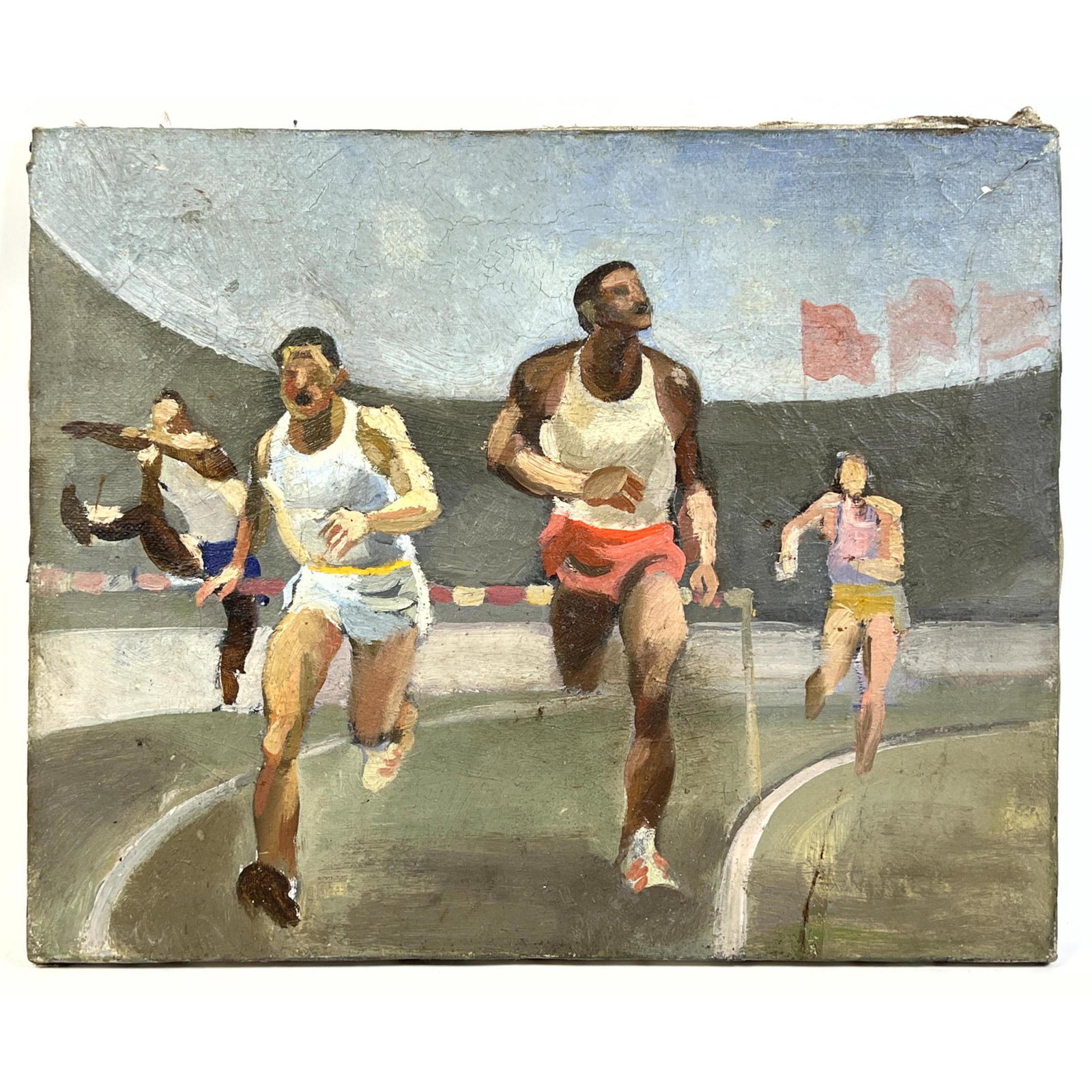 Unsigned Painting on Canvas. Track Race Painting of Possibly 1936 Olympics. Sports. (1 of 9)