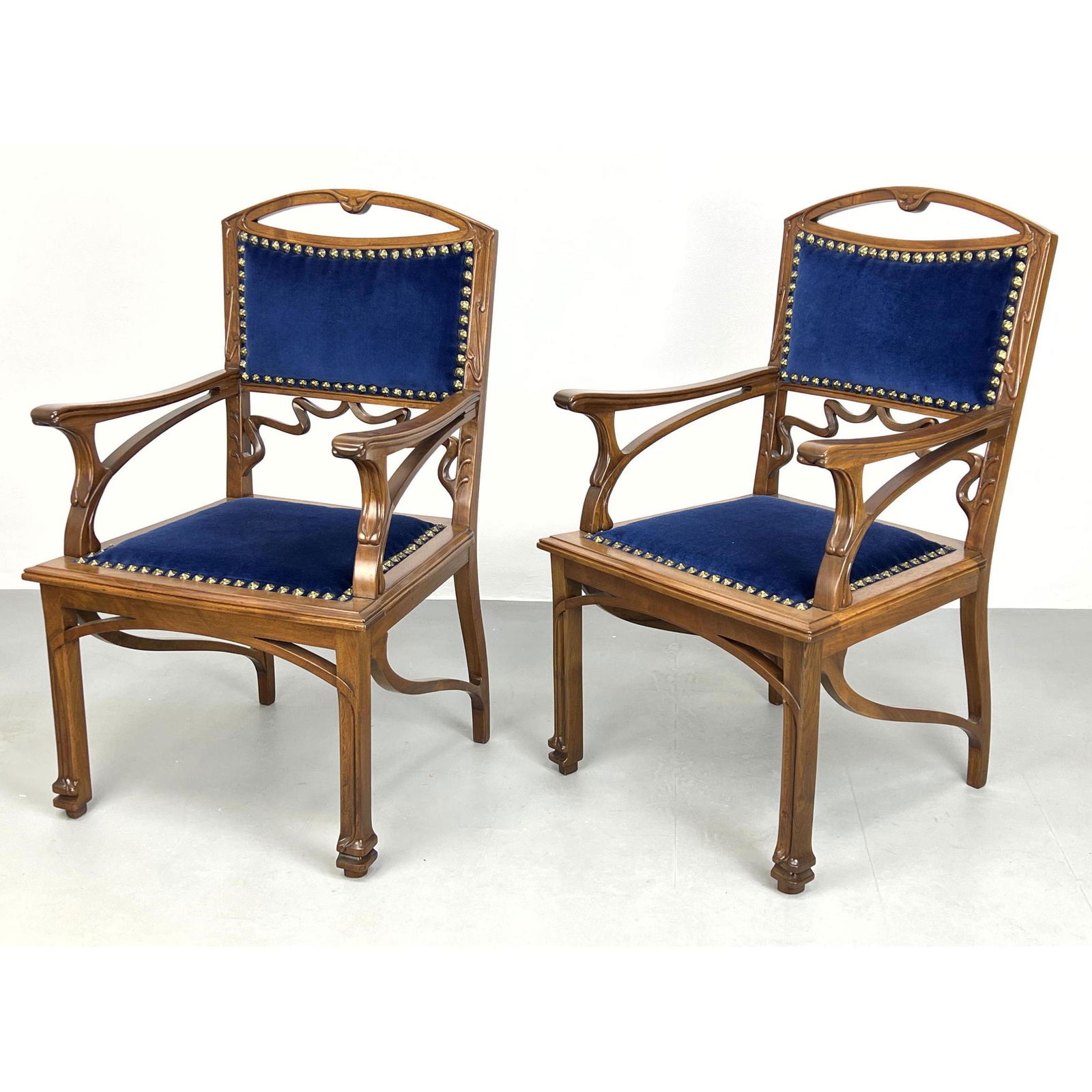 Pr Art Nouveau Carved Wood Antique Arm Chairs. Carved d (1 of 13)