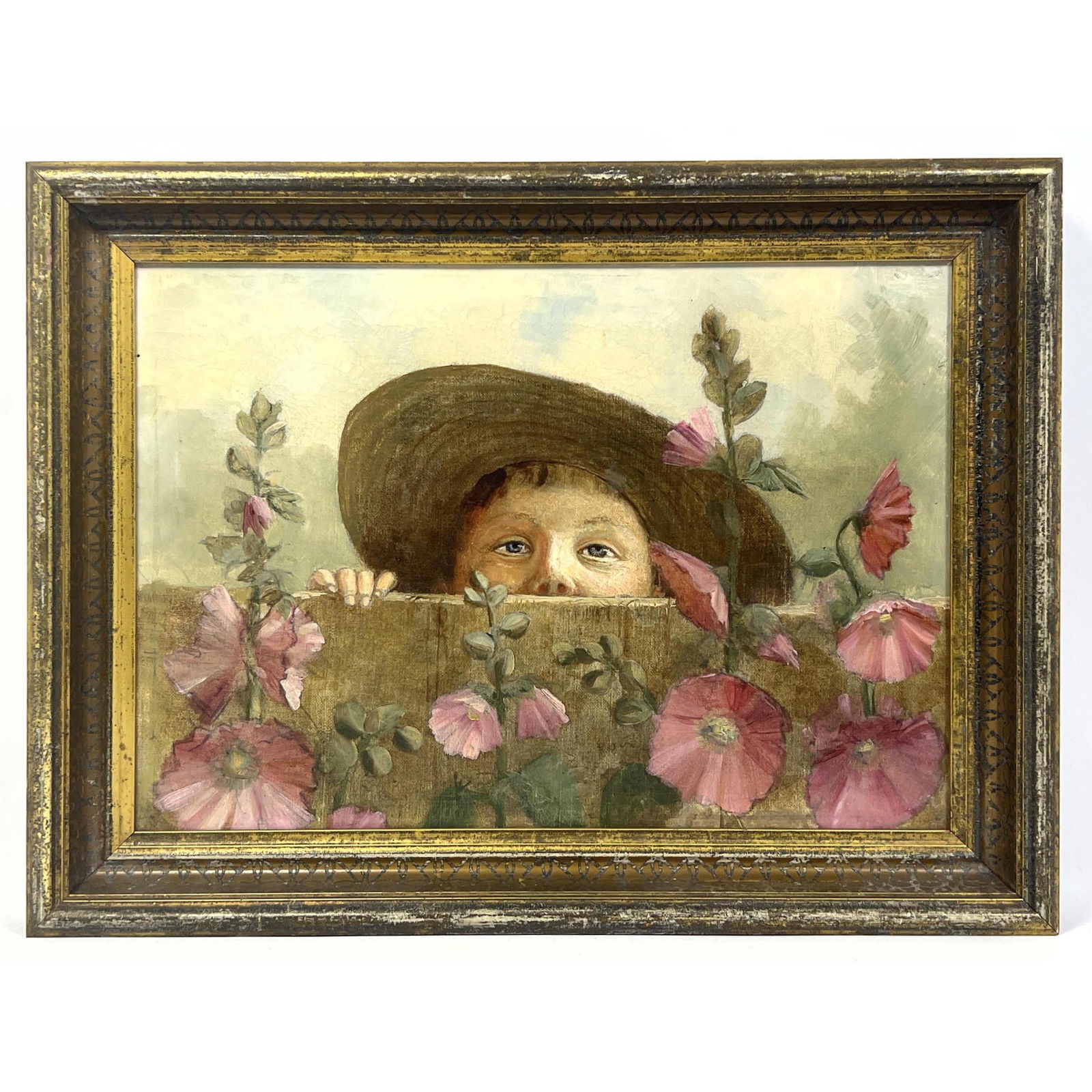 Unsigned Painting on Canvas Young girl with Pink Flower (1 of 11)