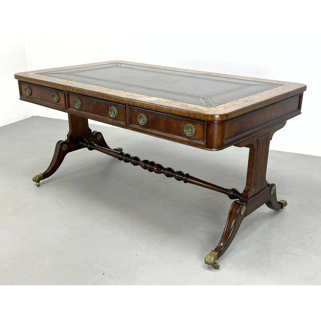 MAITLAND SMITH Leather Top Desk. Foliate wood inlays. L (1 of 16)
