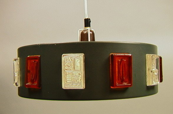 ERIK HOGLUND Boda Sweden Pendant Lamp Chandelier.: ERIK HOGLUND Boda Sweden Pendant Lamp Chandelier. Hanging Pendant Lamp designed by Hoglund and produced by BODA. Clear and Amber Panels.-- Dimensions: H: 4 inches: W: 13 inches --- Condition (General)