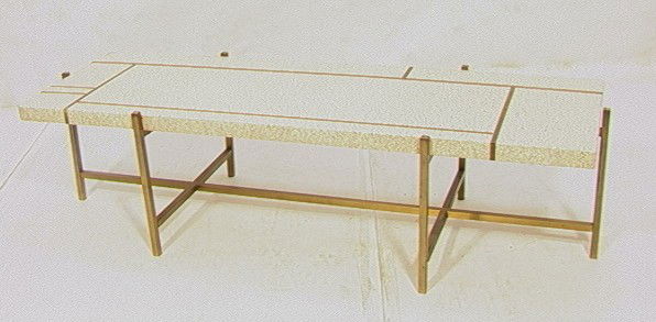 HARVEY PROBBER Attrib. Coffee Table Brass and Tra: HARVEY PROBBER Attrib. Coffee Table Brass and Travertine. Thick Travertine top with Brass rod inlay on 6 square leg base. Unmarked. -- Dimensions: H: 16 inches: D: 21.5 inches: L: 60 inches --- Condit
