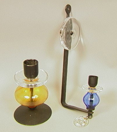 2 pc. ERIK HOGLUND For BODA Glass Metal Candlesti: 2 pc. ERIK HOGLUND For BODA Glass Metal Candlesticks Wall Sconce. One Wall Candle Sconce with Blue & Clear Glass. One Candlestick with Amber & Clear Glass. Candlestick marked BODA. -- Dimensions: : W:
