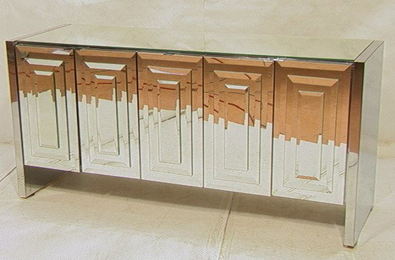 70's Modern Mirrored Credenza Sideboard Buffet.: 70's Modern Mirrored Credenza Sideboard Buffet. Mirror and chrome. 5 Doors.-- Dimensions: H: 29.5 inches: W: 63.25 inches: D: 21 inches --- Condition (General): Very Good Condition. Please contact us 
